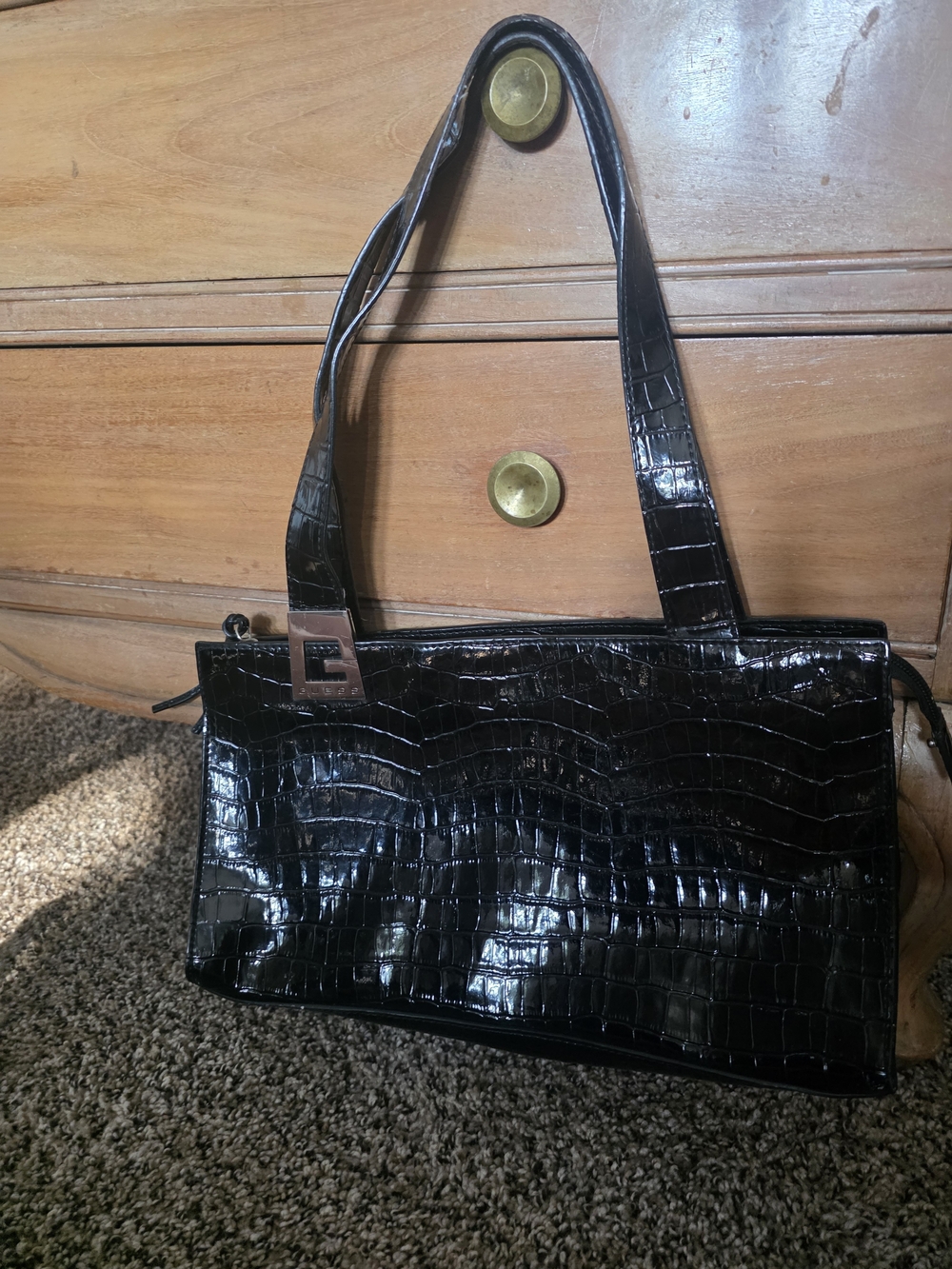 Guess Black Croc-Embossed Shoulder Bag with Gold Accent